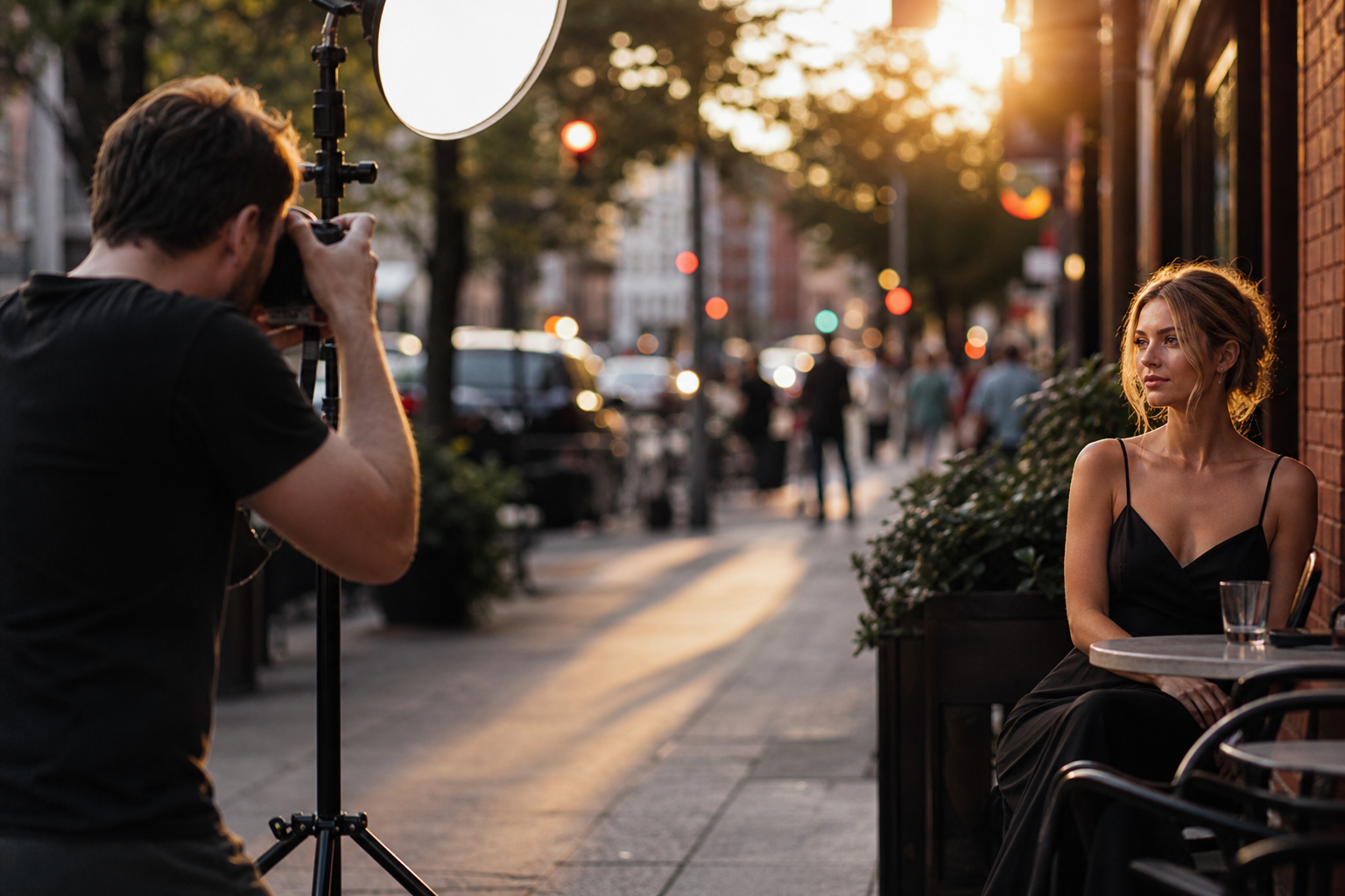 A photographer on a city sidewalk at golden hour shooting a cafe patio for a magazine feature.