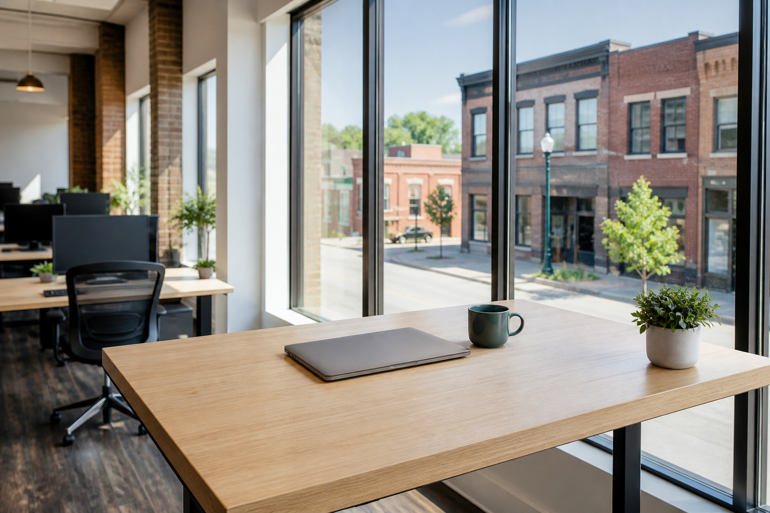 A sunlit digital news office desk with a closed laptop in front of a downtown street window.