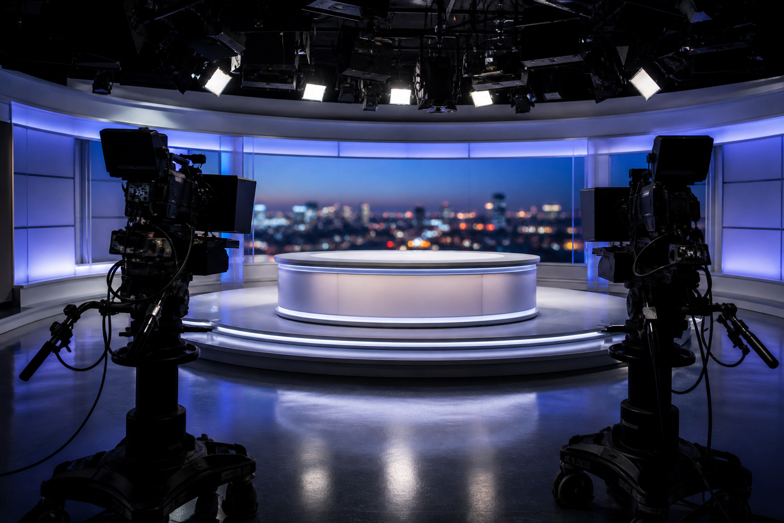 An empty local TV studio with cameras facing a circular anchor desk and a city backdrop.