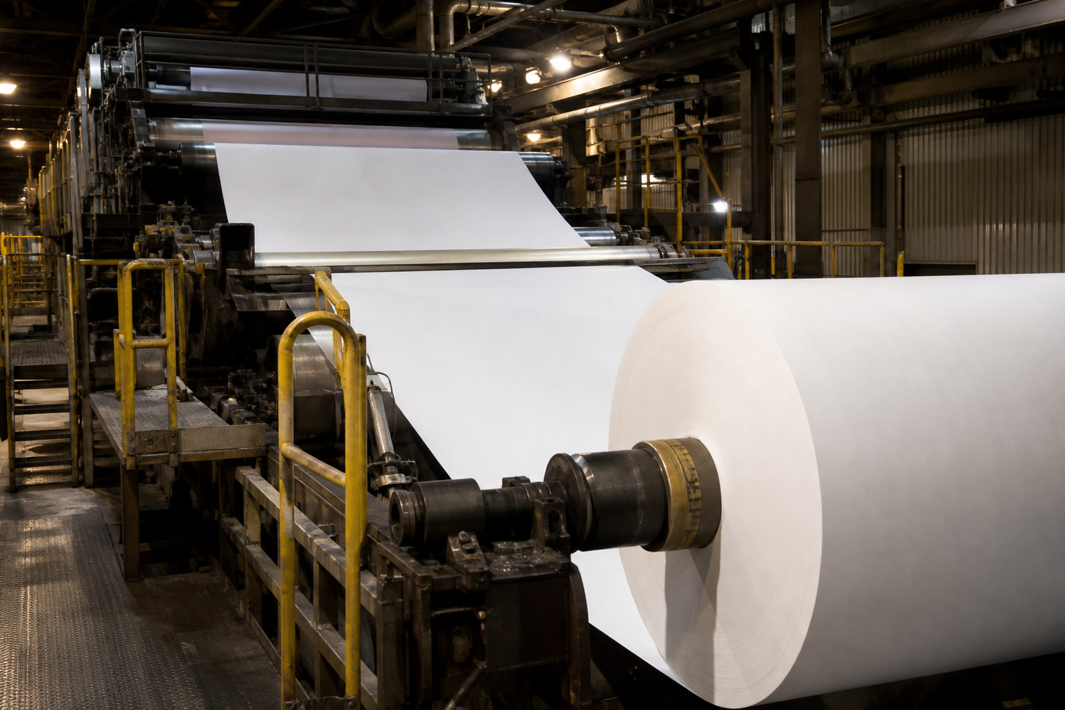 A newspaper printing press feeding a continuous sheet of blank newsprint through steel rollers.
