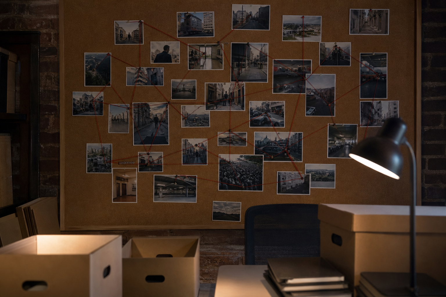 An investigative corkboard of unlabeled photographs connected by red string in a dim newsroom.
