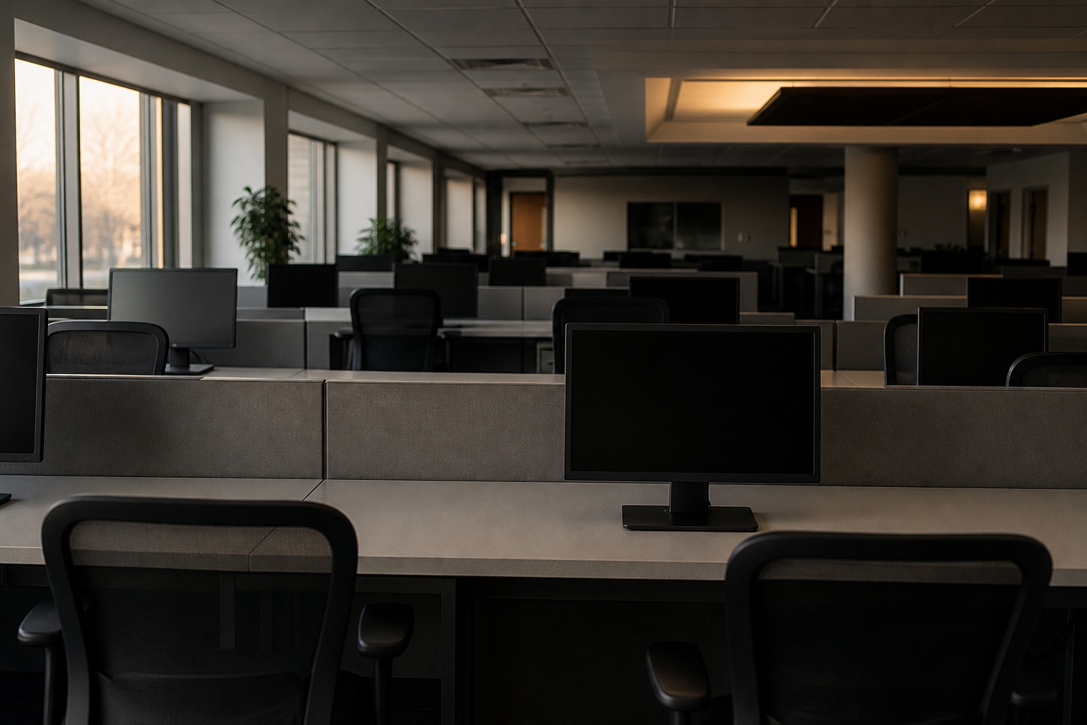 An empty regional newsroom bullpen with rows of dark monitors and late-afternoon windows.
